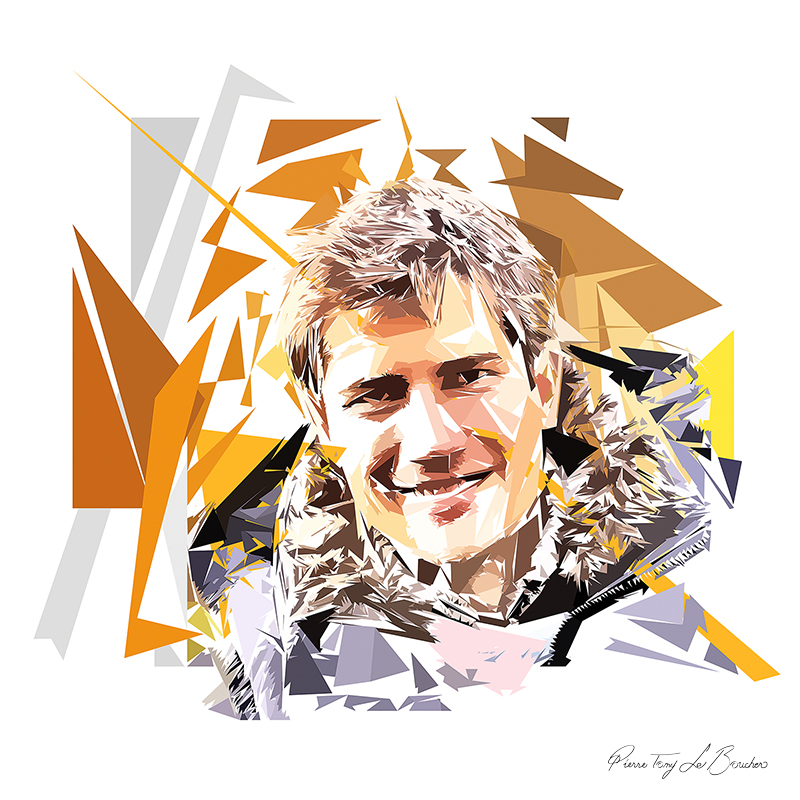 Portrait de Pan, homme souriant aux cheveux gris composé de formes polygonales orange, brunes, bleues, jaunes et blanches.