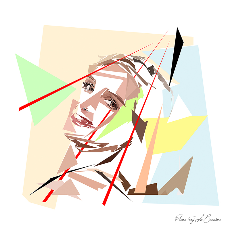 Portrait de Pandore, femme au visage incliné composée de formes polygonales beiges, brunes, vertes, jaunes, bleues et blanches traversées de lignes rouges et noires.