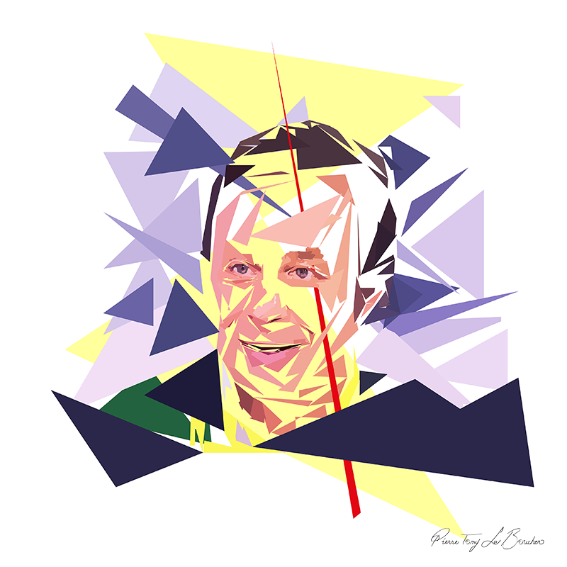 Portrait de Patrice Romedenne construit en facettes colorées sur fond blanc, entouré de formes géométriques jaunes, mauves, violettes, bleu sombre et vertes.