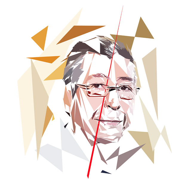 Œuvre numérique intitulée Patrick Balkany composée de formes polygonales, d’aplats beige, ocre, gris, noirs et blancs, traversée par une longue ligne rouge.