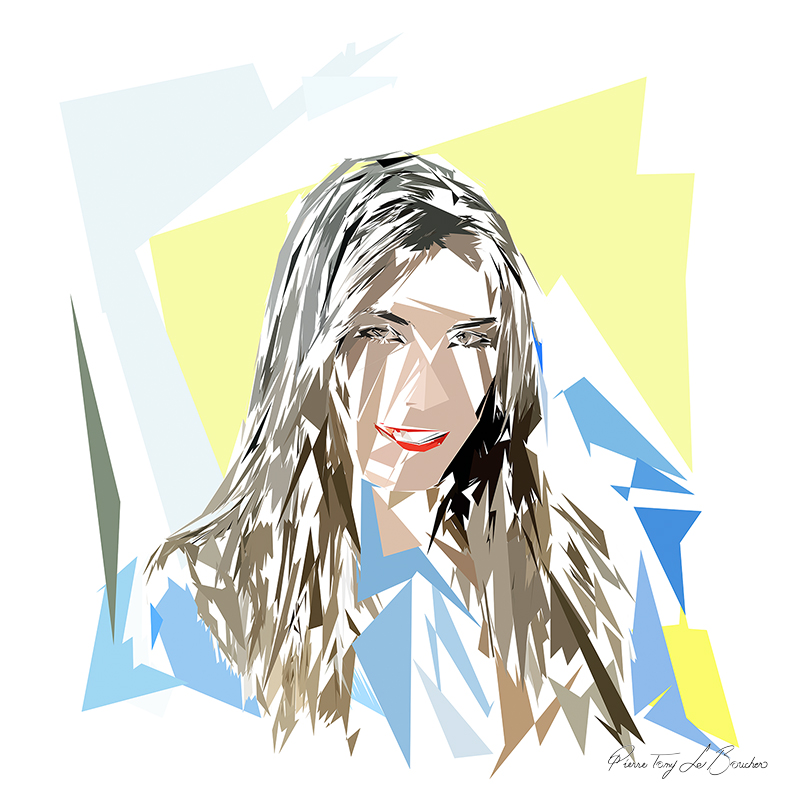 Portrait de Pauline, maîtresse d’Héphaïstos, femme aux cheveux longs composée de formes polygonales blanches, grises, bleues, jaunes et brunes.