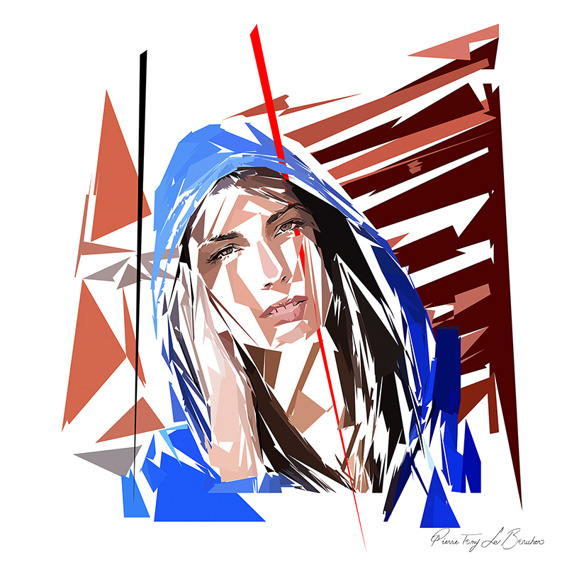 Portrait de Perséphone, femme au regard levé portant un vêtement bleu, composée de formes polygonales blanches, brunes, bleues et rouges.