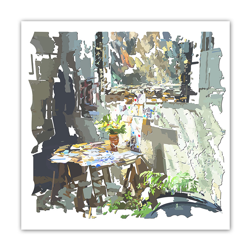 Table couverte de papiers avec un bouquet de fleurs dans un espace fragmenté de gris, verts, blancs et ocres, œuvre Comma Petits papiers paroissiaux de Pierre Tomy Le Boucher.