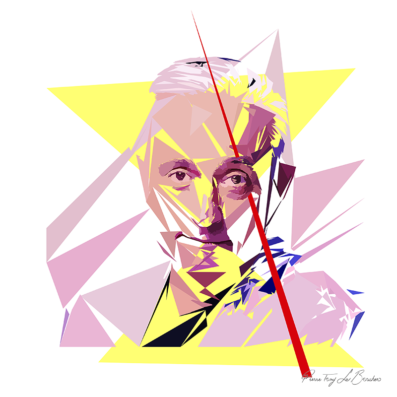 Portrait de Philippe Collignon construit en facettes colorées sur fond blanc, entouré de formes géométriques jaunes, roses, mauves, bleues et noires.
