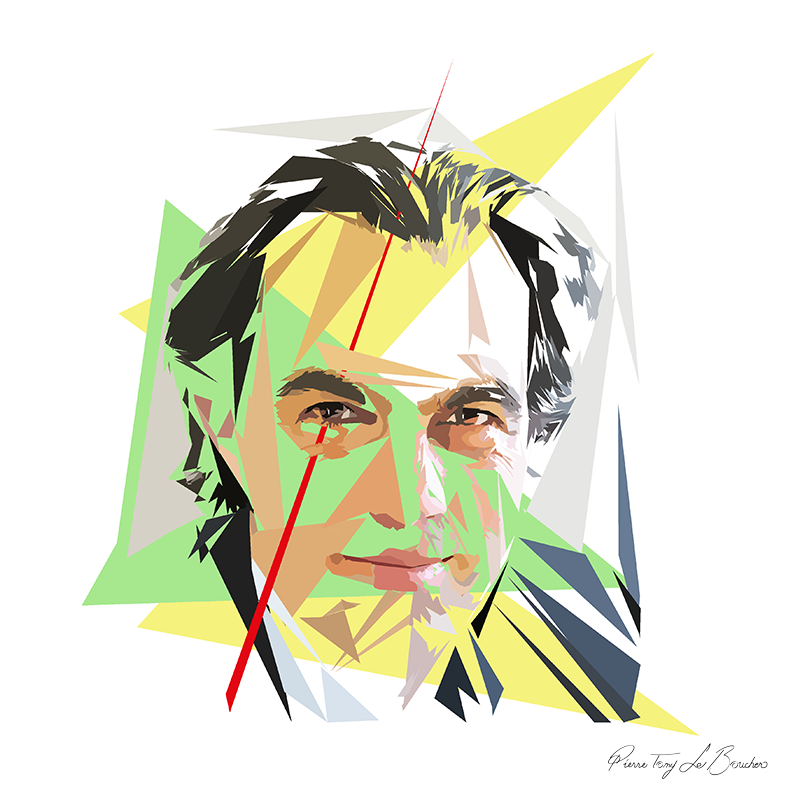 Portrait de Philippe Dessertine aux cheveux sombres et grisonnants, composé de facettes vert clair, jaunes, ocre et blanches, avec des fragments bleu-gris au niveau des épaules et un long triangle rouge oblique sur fond blanc.