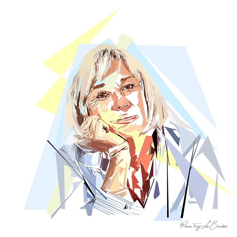 Portrait de Phébé, femme blonde la tête appuyée sur la main, composée de formes polygonales blanches, bleues, jaunes, beiges et grises.