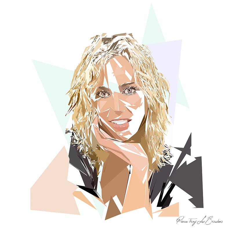 Portrait de Pléioné, femme blonde souriante composée de formes polygonales blanches, beiges, bleues, vert pâle et noires.