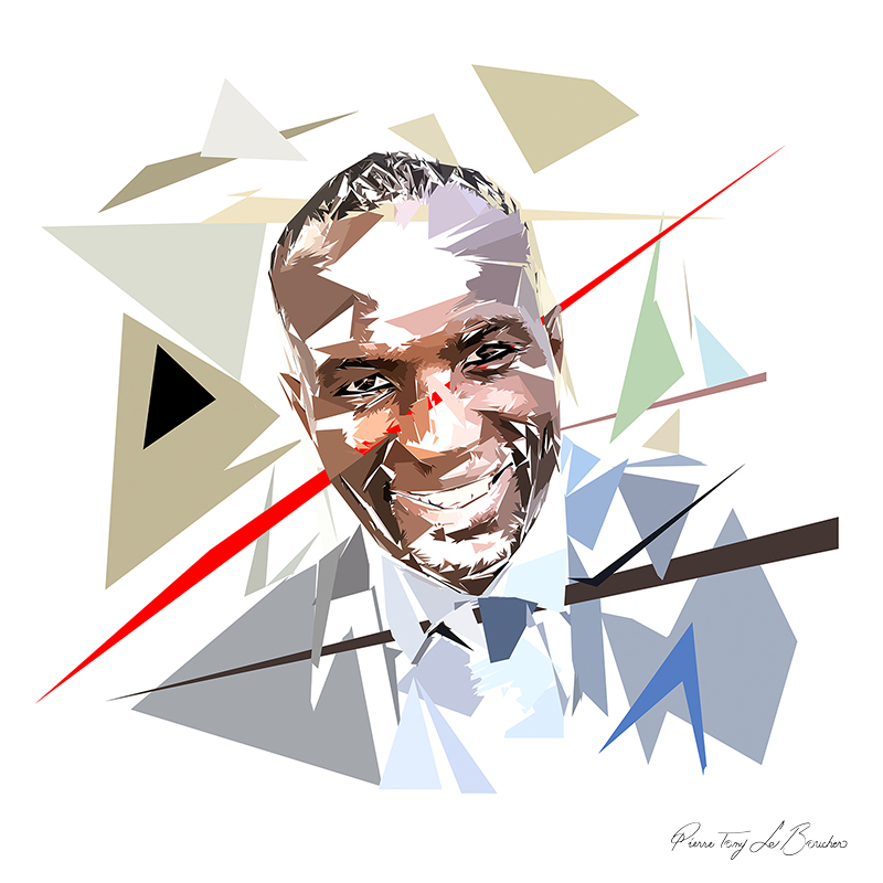 Portrait de Plustus, homme souriant en chemise claire composé de formes polygonales blanches, beiges, brunes, grises et bleues traversées par une diagonale rouge.