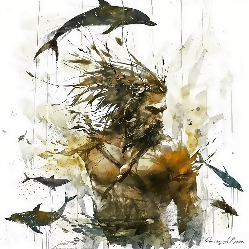 Peinture sur toile représentant Pontos, divinité grecque personnifiée de la mer, figure masculine entourée de poissons et de vagues dans un style de peinture contemporaine inspirée de la mythologie grecque.
