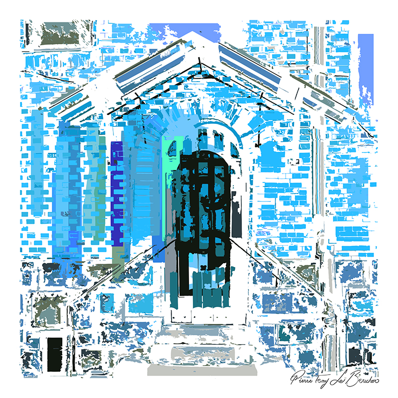 Porte monumentale précédée de marches et transformée en composition graphique bleue, turquoise, grise et blanche, œuvre de la série Architexture.