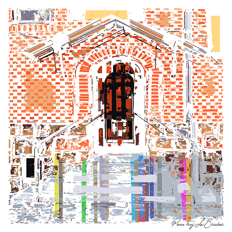 Porte d’église en brique précédée d’un escalier et transformée en composition graphique orange, blanche, grise et multicolore, œuvre de la série Architexture.