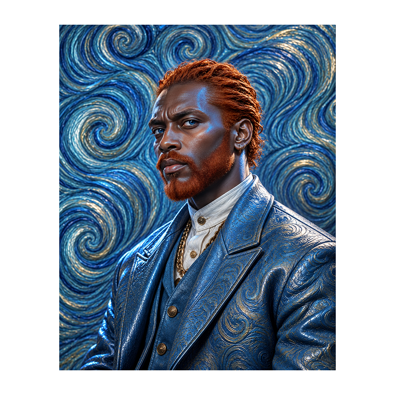 Portrait d’un homme roux barbu aux yeux bleus et à la veste bleue ornée de volutes, sur un fond bleu de spirales évoquant la peinture de Vincent van Gogh.
