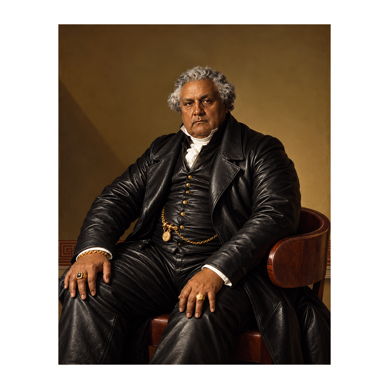 Homme aux cheveux gris assis dans un fauteuil en bois, vêtu d’un costume de cuir noir, avec bagues et chaîne de montre dorées, sur fond brun.