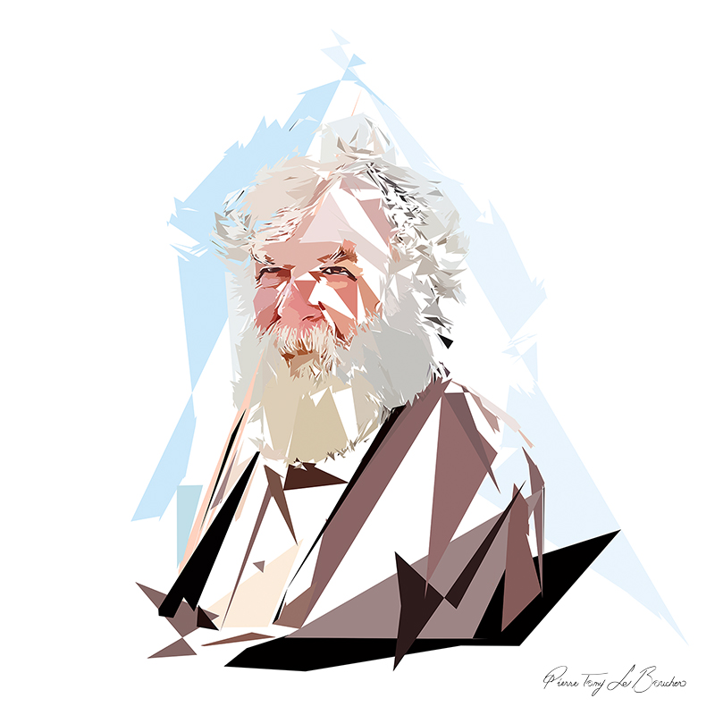 Portrait de Poséidon, homme âgé à la longue barbe blanche, composé de formes polygonales blanches, bleues, beiges, brunes et noires.