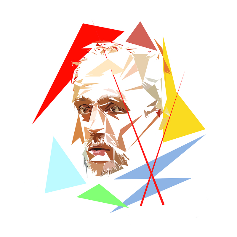 Œuvre numérique intitulée Philippe Poutou composée de formes polygonales, d’aplats rouges, jaunes, bleus, verts, beige et blancs, traversée par plusieurs lignes rouges.