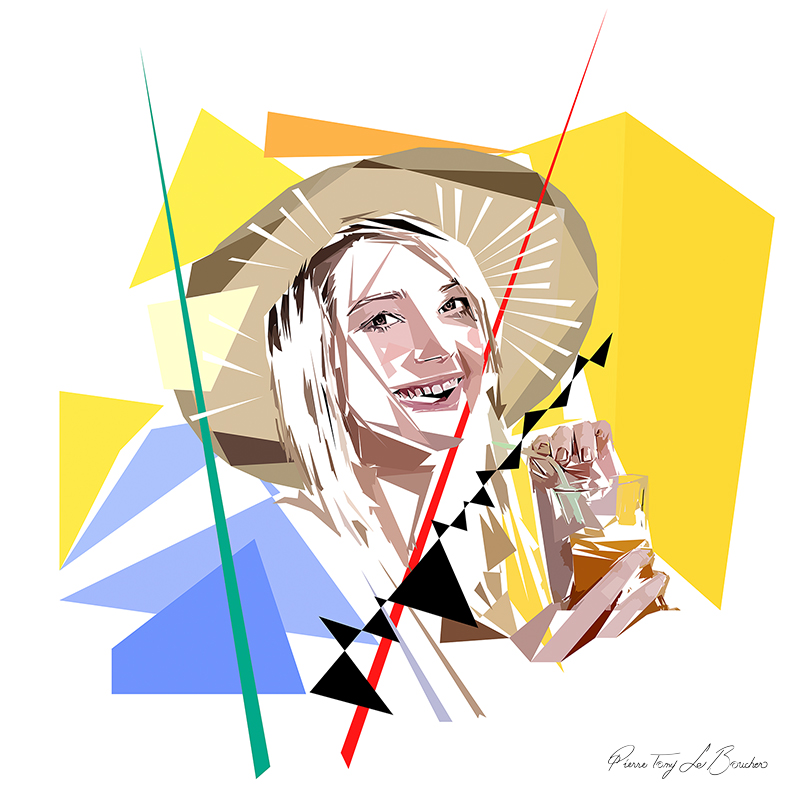 Portrait de Pyrrha, femme blonde souriante portant un large chapeau et tenant un verre, composée de formes polygonales jaunes, bleues, beiges, blanches et noires.