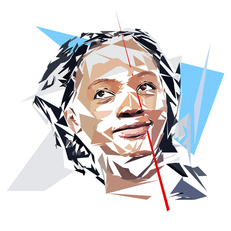 Œuvre numérique intitulée Rama Yade composée de formes polygonales, d’aplats bleu clair, bleu sombre, beige, bruns et blancs, traversée par une longue ligne rouge.