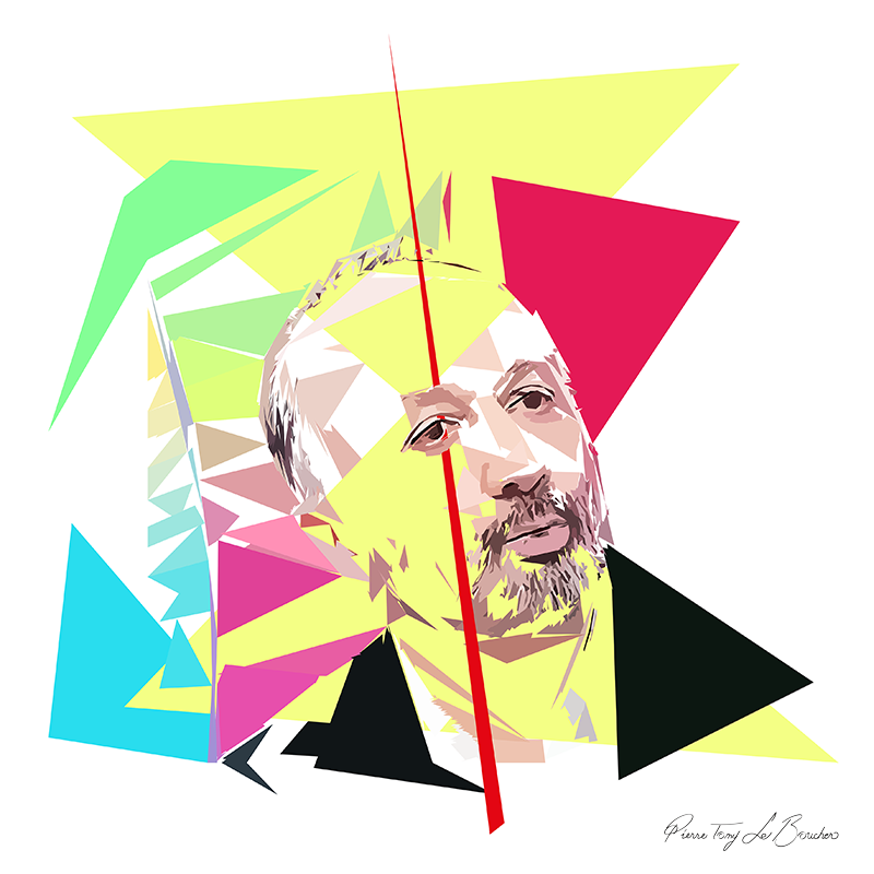 Portrait de Richard Zarzavatdjian construit en facettes colorées sur fond blanc, entouré de formes géométriques jaunes, vertes, roses, turquoise et noires.
