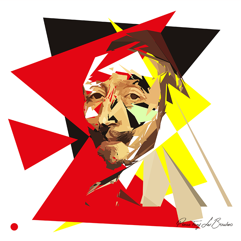 Réinterprétation du Cardinal de Richelieu de Philippe de Champaigne, visage du cardinal reconstruit en droites, triangles et grands plans géométriques rouges, noirs, jaunes, bruns et clairs, œuvre de Pierre Tomy Le Boucher.