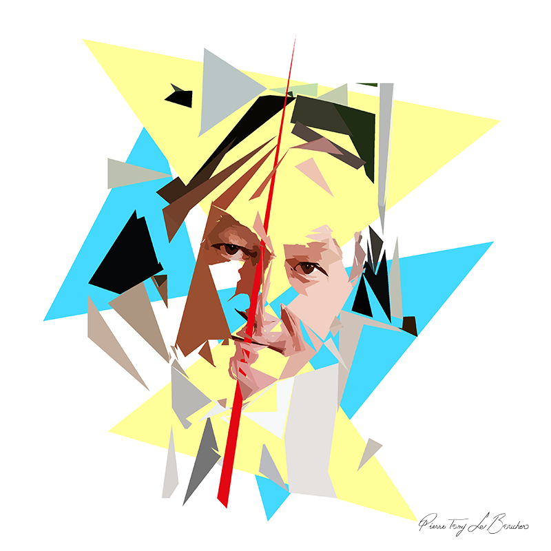 Portrait de Roland Cayrol au visage légèrement incliné, composé de facettes roses, brunes et blanches, entouré de grands triangles jaunes et cyan et de fragments gris et noirs, avec un long triangle rouge effilé sur fond blanc.