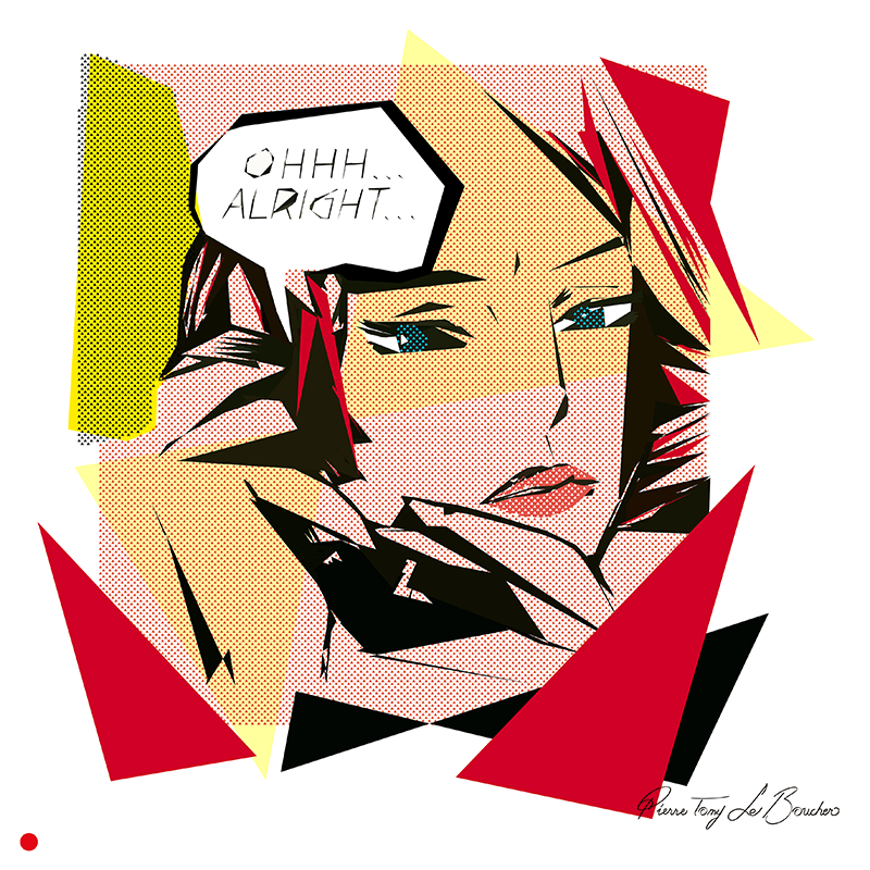 Réinterprétation de Ohhh...Alright... de Roy Lichtenstein de 1964, portrait féminin Pop Art avec bulle de dialogue et trame de points transformé par de puissantes droites, pointes rouges et plans noirs, œuvre de Pierre Tomy Le Boucher.