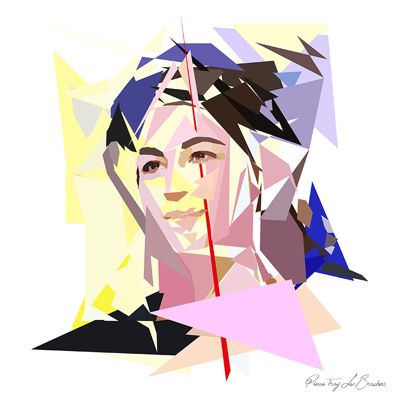 Portrait de Sarah Doraghi construit en facettes colorées sur fond blanc, entouré de formes géométriques jaunes, roses, violettes, bleues et noires.