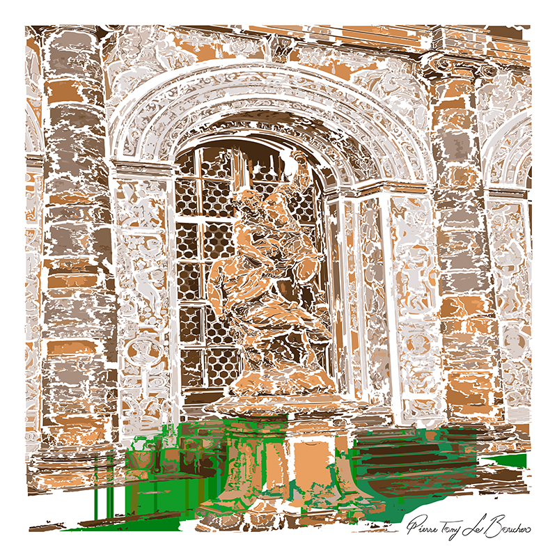 Sculpture intégrée à l’architecture du château de Prague transformée en composition graphique brune, ocre, blanche et verte, œuvre de la série Architexture.