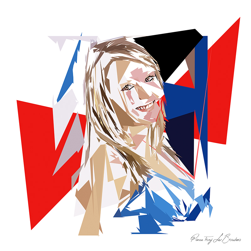 Portrait de Sémélé, femme blonde souriante composée de formes polygonales blanches, beiges, rouges, bleues et noires.