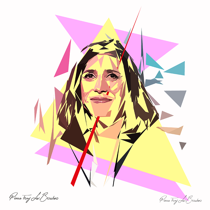 Portrait de Soazig Quéméner aux cheveux longs, composé de facettes jaunes, roses et brunes, entouré de grands triangles roses et jaunes et de petits fragments turquoise et gris, avec un long triangle rouge oblique sur fond blanc.