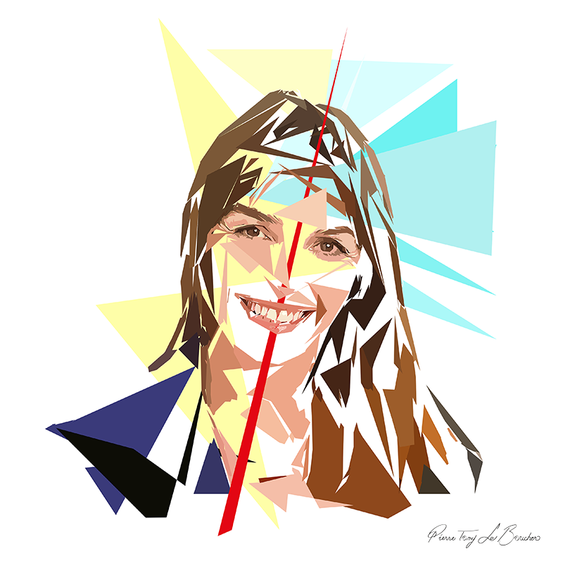 Portrait de Sophie Le Saint construit en facettes colorées sur fond blanc, entouré de formes géométriques jaunes, turquoise, bleu clair, bleu sombre et brunes.