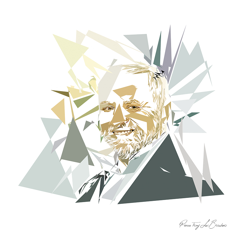 Portrait de Stéphane, compagnon de Pléioné, homme souriant aux cheveux courts et à la barbe grise, composé de formes polygonales blanches, grises, vertes et beiges.