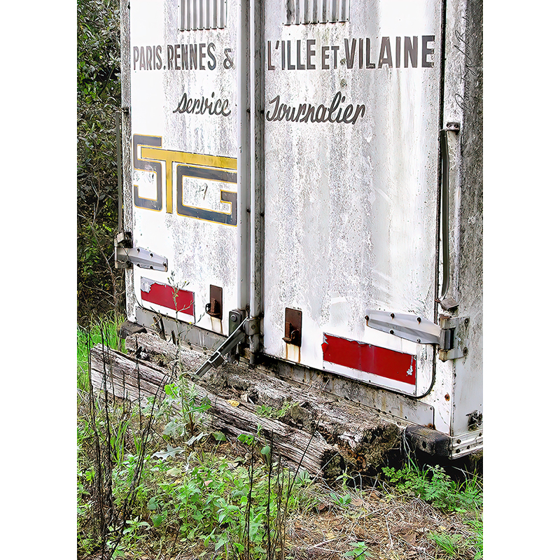 Arrière d’un ancien camion blanc immobilisé, marqué par des traces, des coulures et de petites oxydations, entouré de bois et de végétation, œuvre photographique de Pierre Tomy Le Boucher.