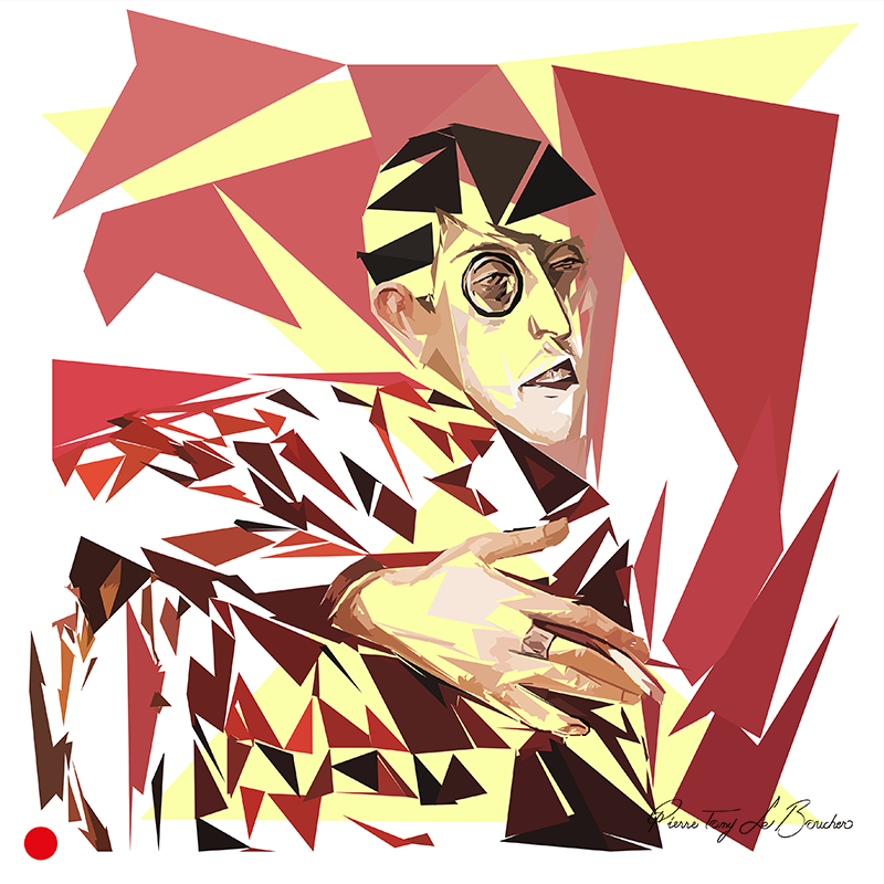 Réinterprétation du Portrait de la journaliste Sylvia von Harden d’Otto Dix de 1926, figure au monocle reconstruite en droites, triangles et plans géométriques rouges, bruns, noirs, jaunes et clairs, œuvre de Pierre Tomy Le Boucher.