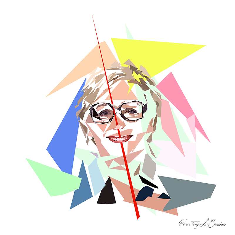 Portrait de Sylvie Adigard portant des lunettes, construit en facettes colorées sur fond blanc, entouré de formes géométriques jaunes, roses, bleues, vertes et grises.
