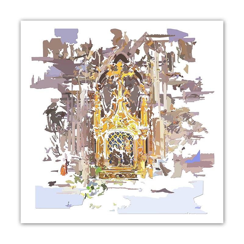 Tabernacle doré au centre d’une architecture religieuse fragmentée en blancs, gris, mauves, ocres et bleus, œuvre Comma de Pierre Tomy Le Boucher.