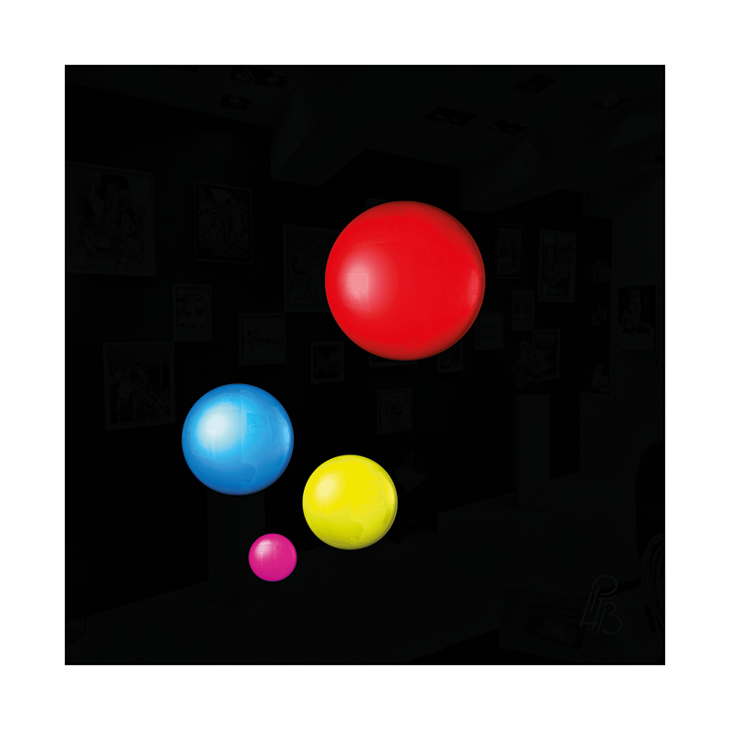 Préfiguration 3D de l’œuvre Les taches de naissance d’Alexis de Tocqueville, composée de quatre macules en relief rouges, bleue, jaune et rose sur un fond noir brillant.