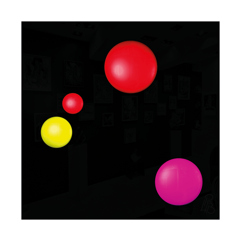 Préfiguration 3D de l’œuvre Les taches de naissance d’Alfred Assollant, composée de quatre macules en relief rouges, jaune et magenta sur un fond noir brillant.