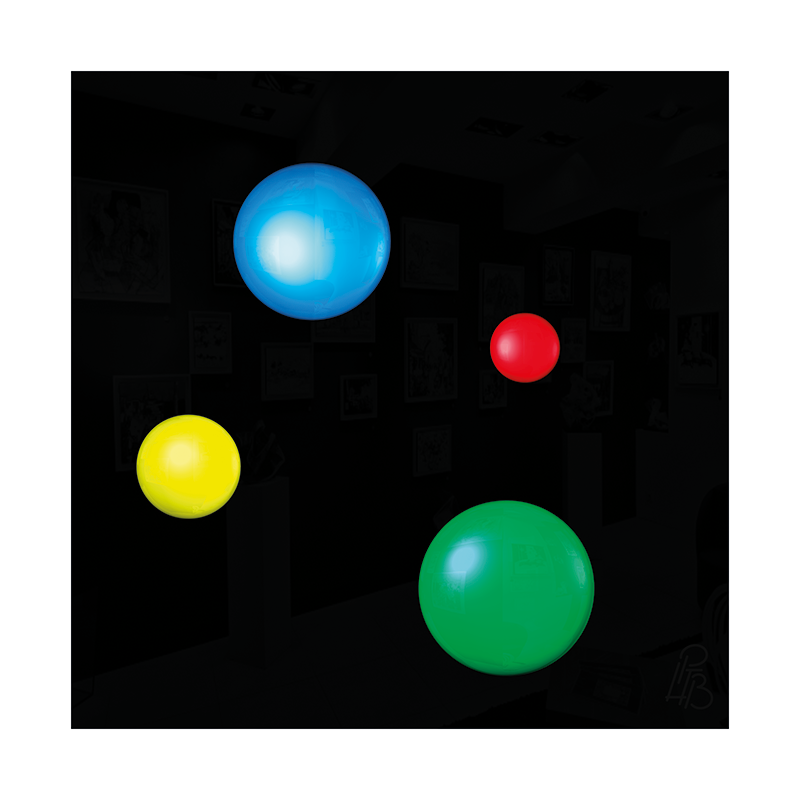 Préfiguration 3D de l’œuvre Les taches de naissance d’Alfred de Vigny, composée de quatre macules en relief bleue, rouge, jaune et verte sur un fond noir brillant.