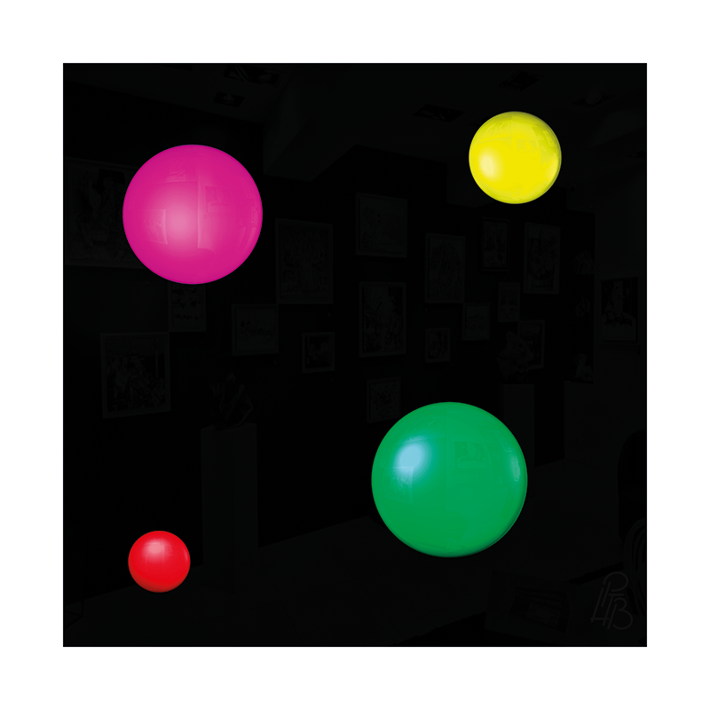 Préfiguration 3D de l’œuvre Les taches de naissance d’Alphonse Allais, composée de quatre macules en relief magenta, jaune, verte et rouge sur un fond noir brillant.
