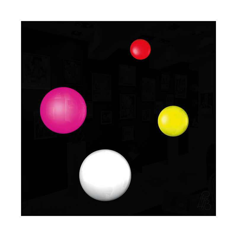 Préfiguration 3D de l’œuvre Les taches de naissance d’Anatole France, composée de quatre macules en relief magenta, rouge, jaune et blanche sur un fond noir brillant.