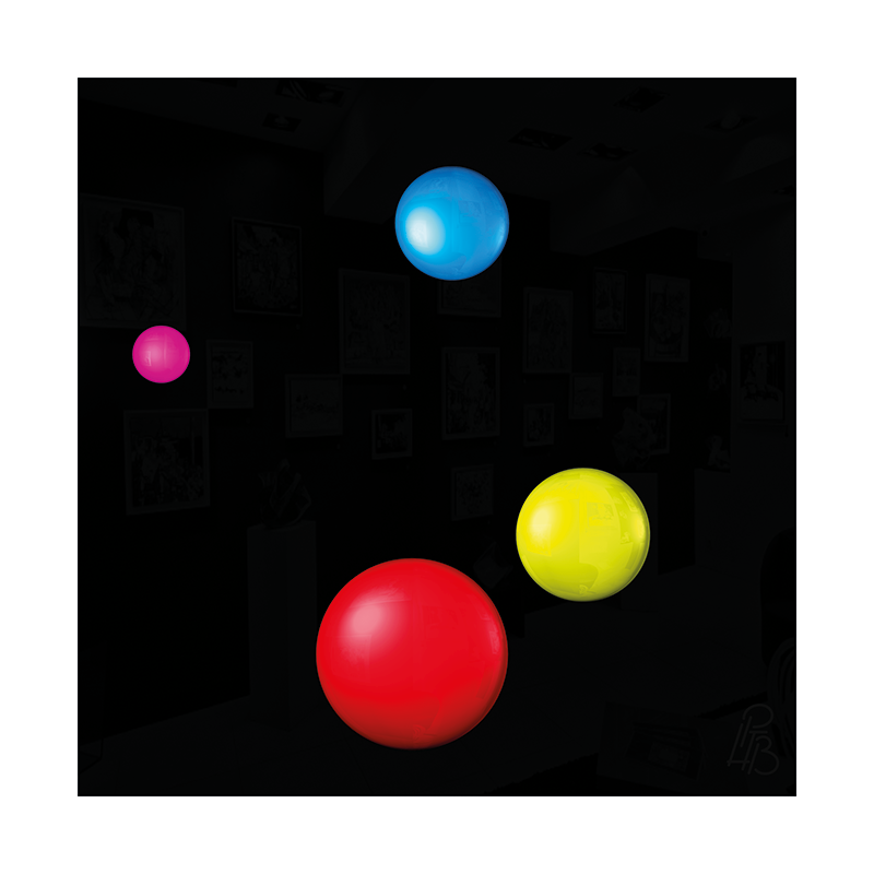 Préfiguration 3D de l’œuvre Les taches de naissance de Charles Dickens, composée de quatre macules en relief bleue, magenta, jaune et rouge sur un fond noir brillant.