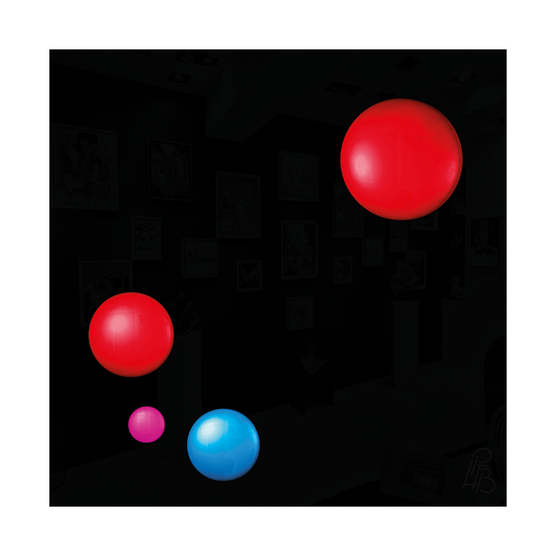 Préfiguration 3D de l’œuvre Les taches de naissance de Denis Diderot, composée de quatre macules en relief rouges, magenta et bleue sur un fond noir brillant.