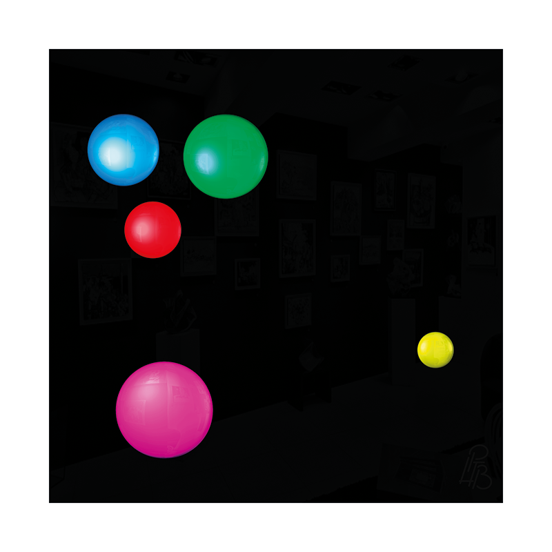 Préfiguration 3D de l’œuvre Les taches de naissance d’Émile Bréhier, composée de cinq macules en relief bleue, verte, rouge, magenta et jaune sur un fond noir brillant.