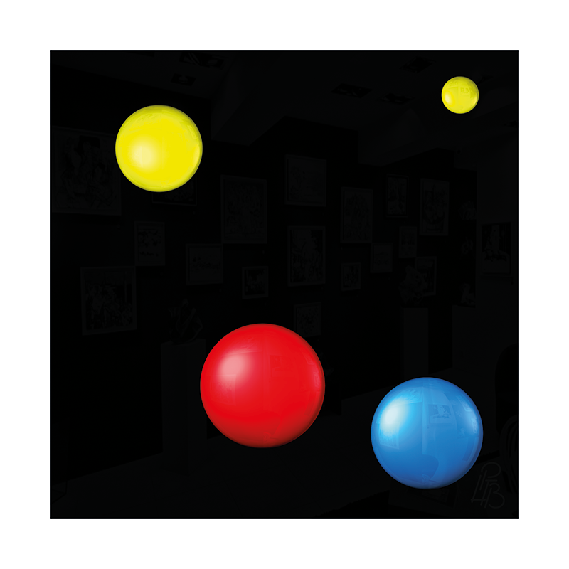 Préfiguration 3D de l’œuvre Les taches de naissance d’Épicure, composée de quatre macules en relief jaunes, rouge et bleue sur un fond noir brillant.