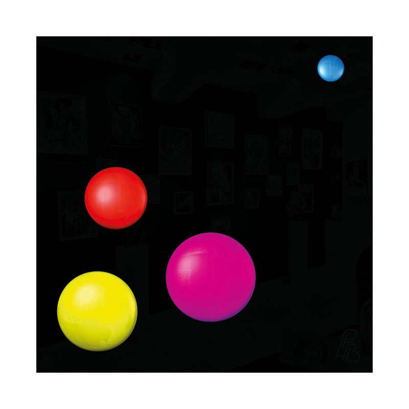 Préfiguration 3D de l’œuvre Les taches de naissance d’Étienne-Gabriel Morelly, composée de quatre macules en relief bleue, rouge, magenta et jaune sur un fond noir brillant.
