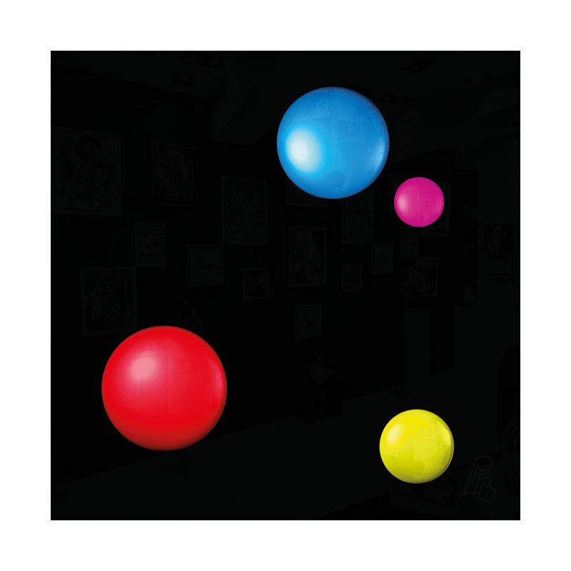 Préfiguration 3D de l’œuvre Les taches de naissance de Théophile Gautier, composée de quatre macules en relief bleue, magenta, rouge et jaune sur un fond noir brillant.