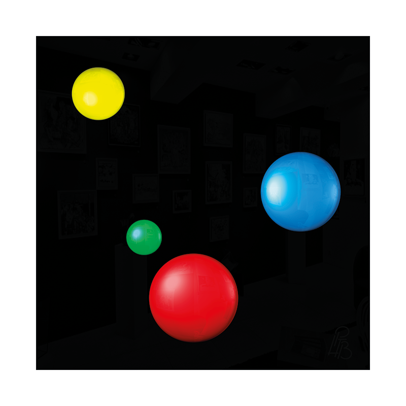 Préfiguration 3D de l’œuvre Les taches de naissance de Georges Courteline, composée de quatre macules en relief jaune, bleue, verte et rouge sur un fond noir brillant.
