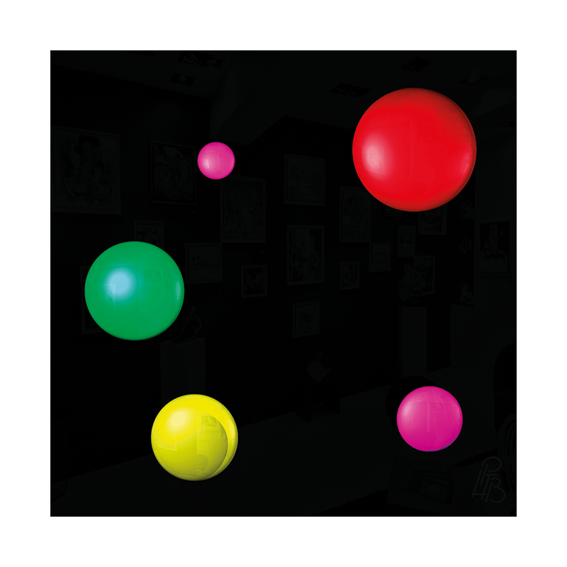 Préfiguration 3D de l’œuvre Les taches de naissance de Guillaume Apollinaire, composée de cinq macules en relief rouge, verte, jaune et magenta sur un fond noir brillant.