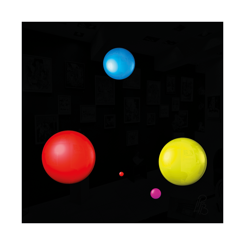 Préfiguration 3D de l’œuvre Les taches de naissance de Guy de Maupassant, composée de cinq macules en relief : une bleue, deux rouges, une jaune et une magenta sur un fond noir brillant.