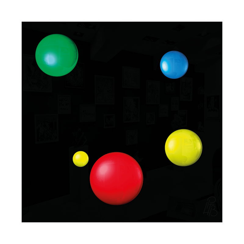 Préfiguration 3D de l’œuvre Les taches de naissance d’Henri Bergson, composée de cinq macules en relief verte, bleue, jaunes et rouge sur un fond noir brillant.